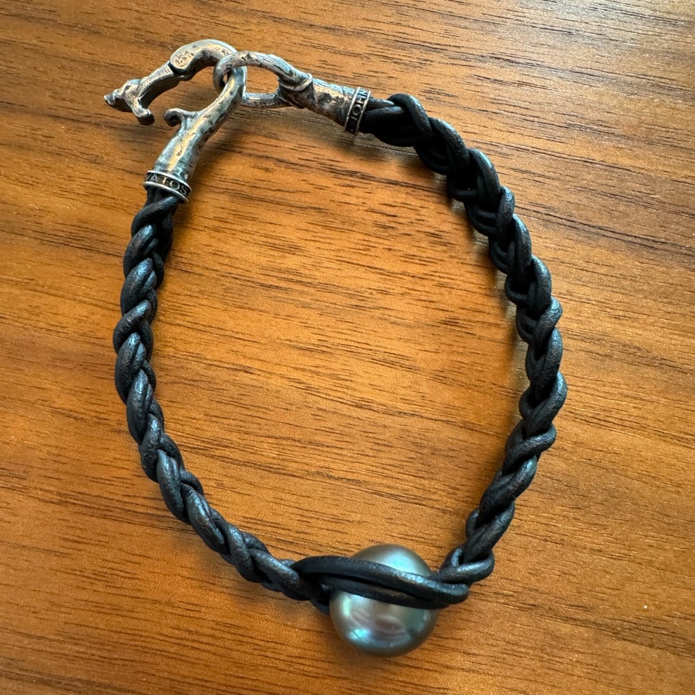 John Varvatos Black Braided Leather Bracelet with Silver Clasp
